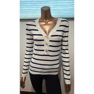 Salsa European Navy-inspired Breton White Stripe V Neck Top Shirt Sweater/S